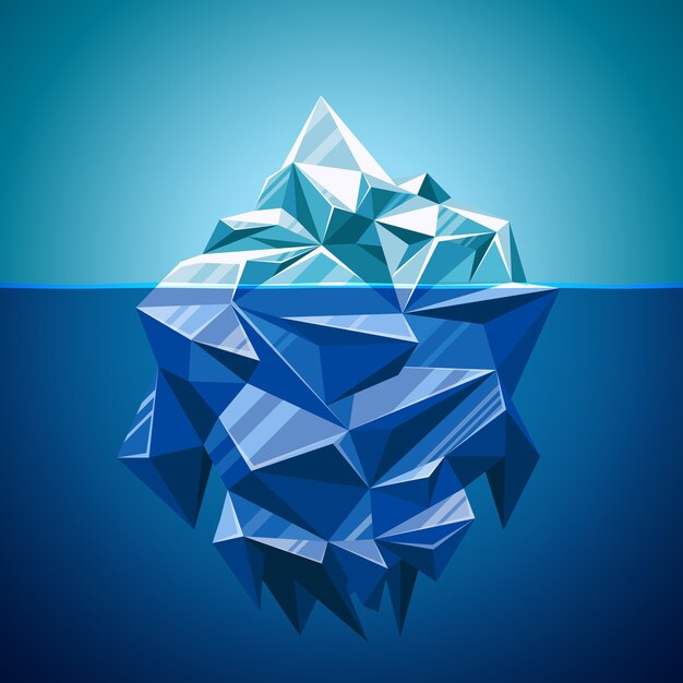 Montanha de iceberg de vetor de neve em estilo poligonal. Água e mar, paisagem subaquática e antártica