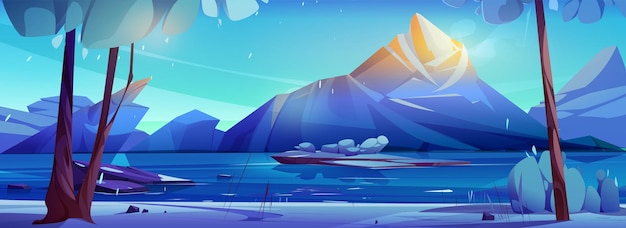 Vetor grátis montanha de inverno e lago de gelo no fundo da paisagem florestal ambiente de desenho animado nevado com rio congelado no norte na manhã céu do nascer do sol no panorama selvagem do norte fantasia vista da natureza alpina