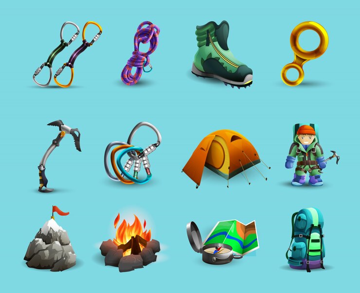 Vetor grátis montanhas alpinas, escalando, 3d, ícones, jogo