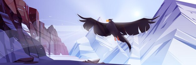 Montanhas de neve com corvo voador