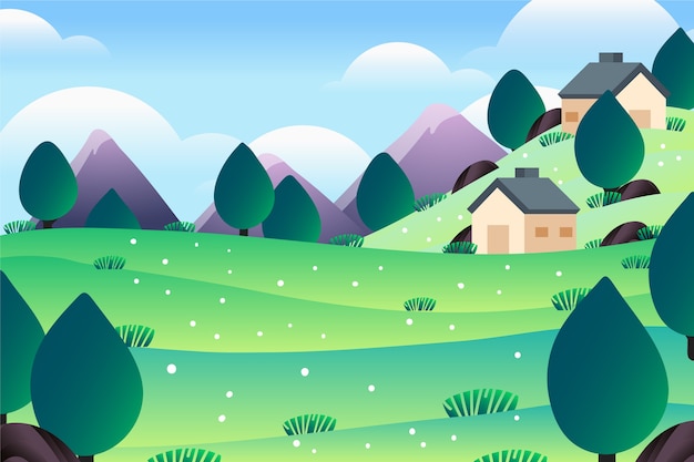 Montanhas e casas bonitinha paisagem de primavera