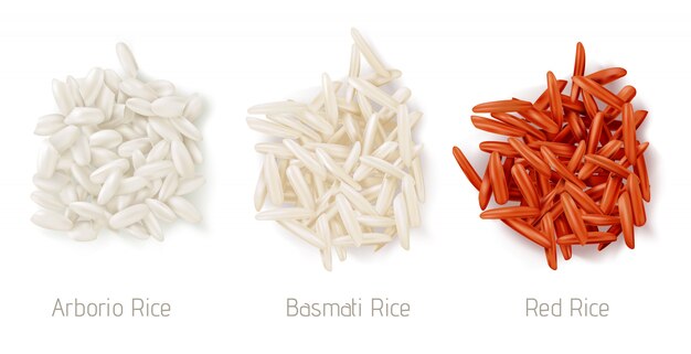 Montões de grãos de arroz, arborio, basmati e arroz vermelho
