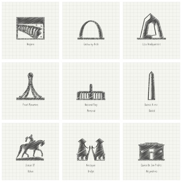 Monumento mundialmente famoso scribble icon set