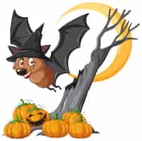 Vetor grátis morcego de desenho animado usando chapéu de mago no tema de halloween