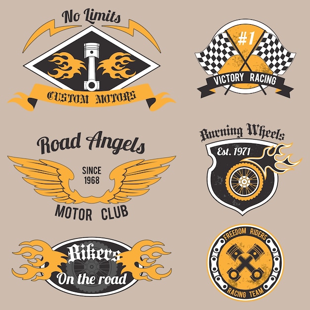 Vetor grátis motocicleta grunge, sem limites, emblemas de design de motores personalizados, conjunto de ilustração vetorial isolada.