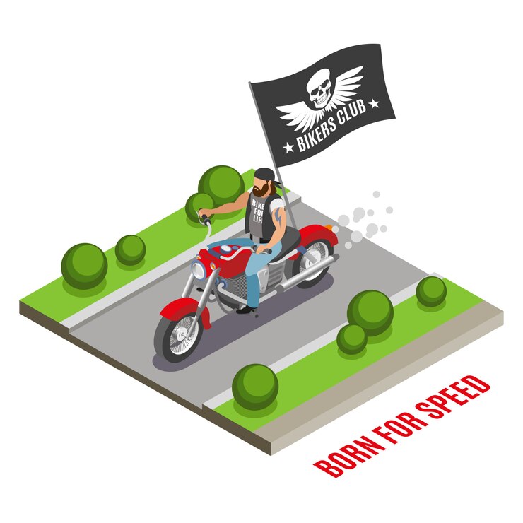 Vetor grátis motociclista barbudo no ciclo do motor vermelho com bandeira preta com composição isométrica de emblema do clube