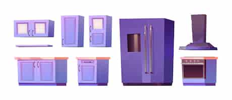 Vetor grátis móveis de cozinha e equipamentos conjunto de ilustração vetorial de desenhos animados modernos armários de cozinha e gavetas grande fogão frigorífico com forno e exaustor elementos interiores e eletrodomésticos