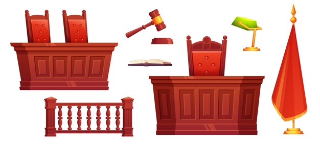 Móveis de julgamento do conjunto interior da sala do tribunal dos desenhos animados