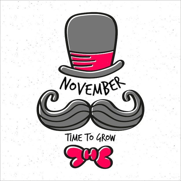 Movember tempo para crescer fundo com chapéu, bigode e gravata borboleta