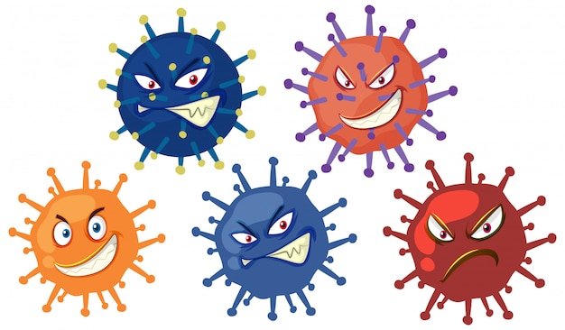 Muitas células de vírus com rosto assustador no fundo branco