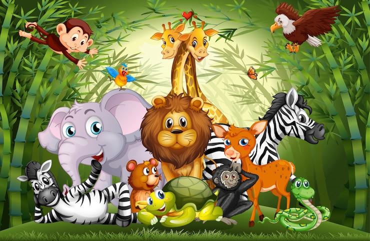 Vetor grátis muitos animais bonitos na floresta de bambu