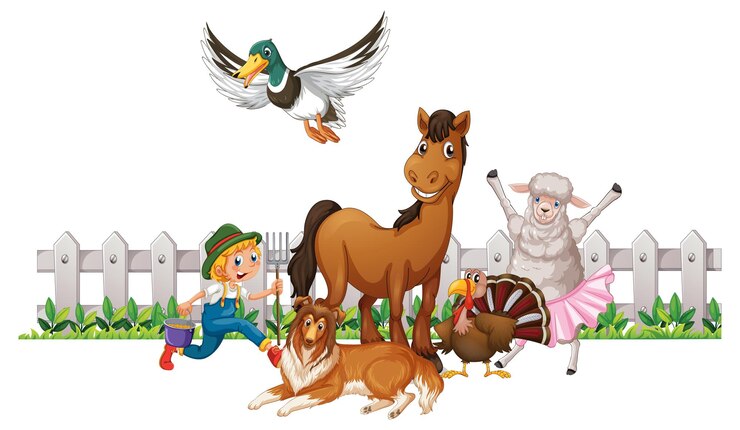 Vetor grátis muitos animais de fazenda e fazendeiro