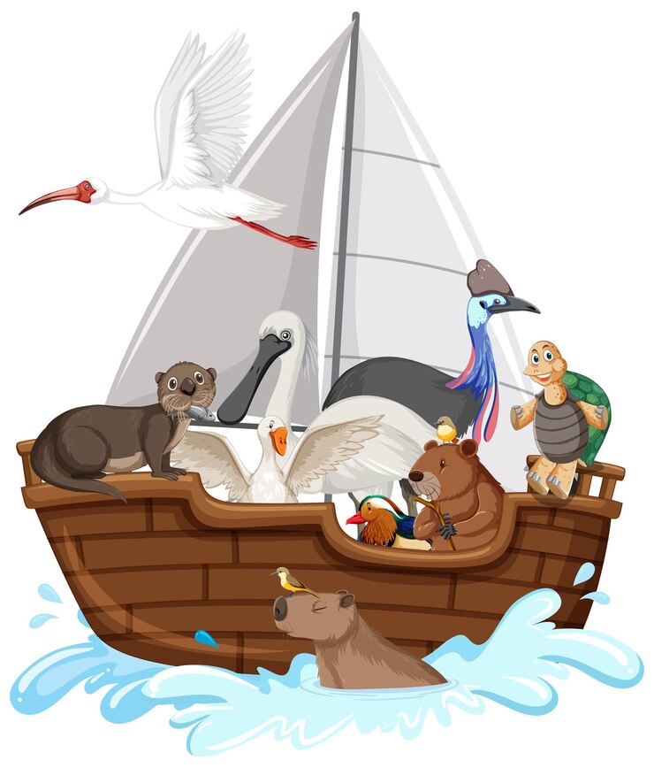 Vetor grátis muitos animais no barco