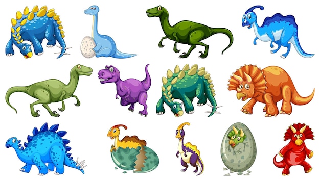 Vetor grátis muitos dinossauros em fundo branco