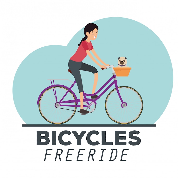 Vetor grátis mulher andando de bicicleta com um cachorro