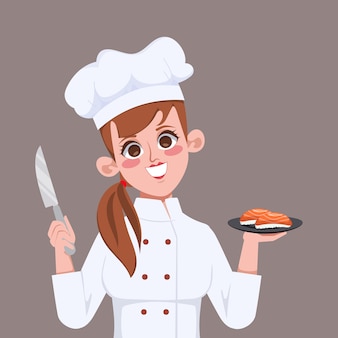 Mulher bonita feliz chef com comida japonesa sushi cartoon arte ilustração