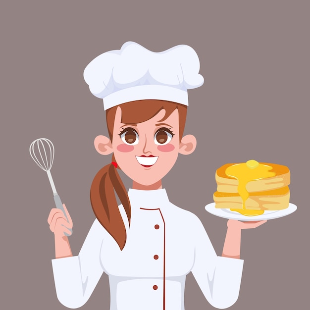 Vetor grátis mulher bonita feliz chef fazendo bolo de ovo ilustração da arte dos desenhos animados