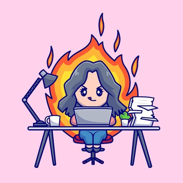 Mulher bonita trabalhando no laptop com ilustração de ícone de vetor de desenhos animados de fogo. tecnologia de pessoas isolada