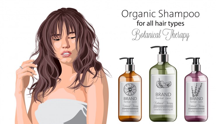 Vetor grátis mulher carinhosa com franja anunciando shampoo orgânico com ervas. várias plantas e cores. menta, laranja e lavanda