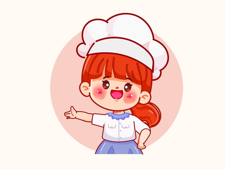 Vetor grátis mulher-chefe de desenho animado bonita em postura de gesto de boas-vindas para logotipo de desenho gráfico de comida de rua design de logotipo premium