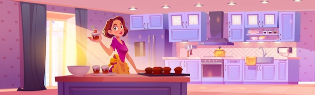 Mulher com cupcakes na ilustração vetorial de cozinha chefe feminina assar doces com utensílios de cozinha modernos e móveis de cozinha cortina de chão limpa na janela e raio de luz solar conceito de fundo interior