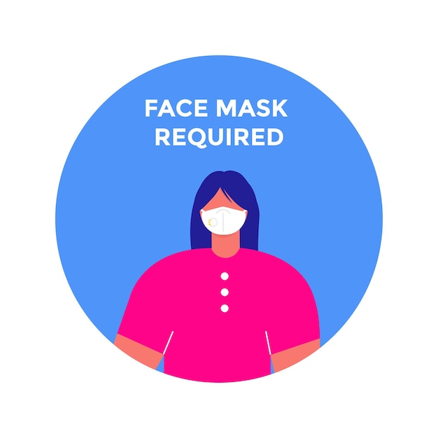 Mulher com máscara facial em moldura arredondada. máscara necessária sinal de prevenção de aviso no círculo. imagem isolada de informação vetorial Vetor Premium