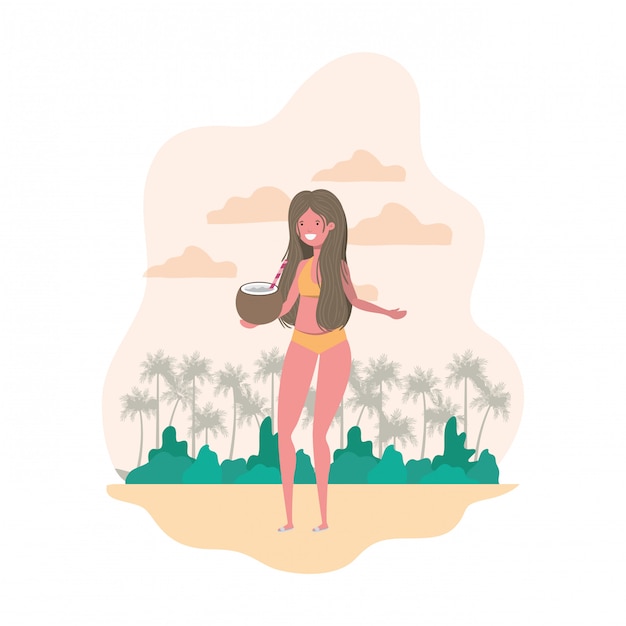 Vetor grátis mulher com roupa de banho e água de coco na mão