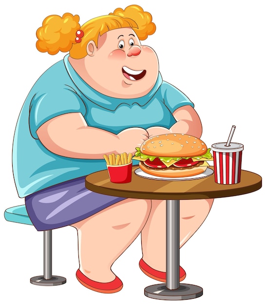 Mulher com sobrepeso comendo fast-food na mesa isolada