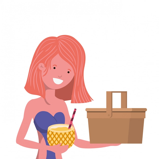 Vetor grátis mulher, com, swimsuit, e, abacaxi, coquetel, em, mão