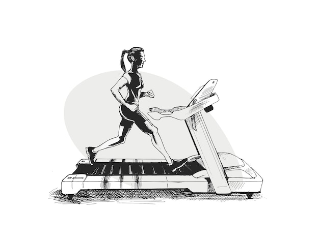 Mulher correndo em um design de camiseta de esteira Ilustração vetorial de desenho desenhado à mão