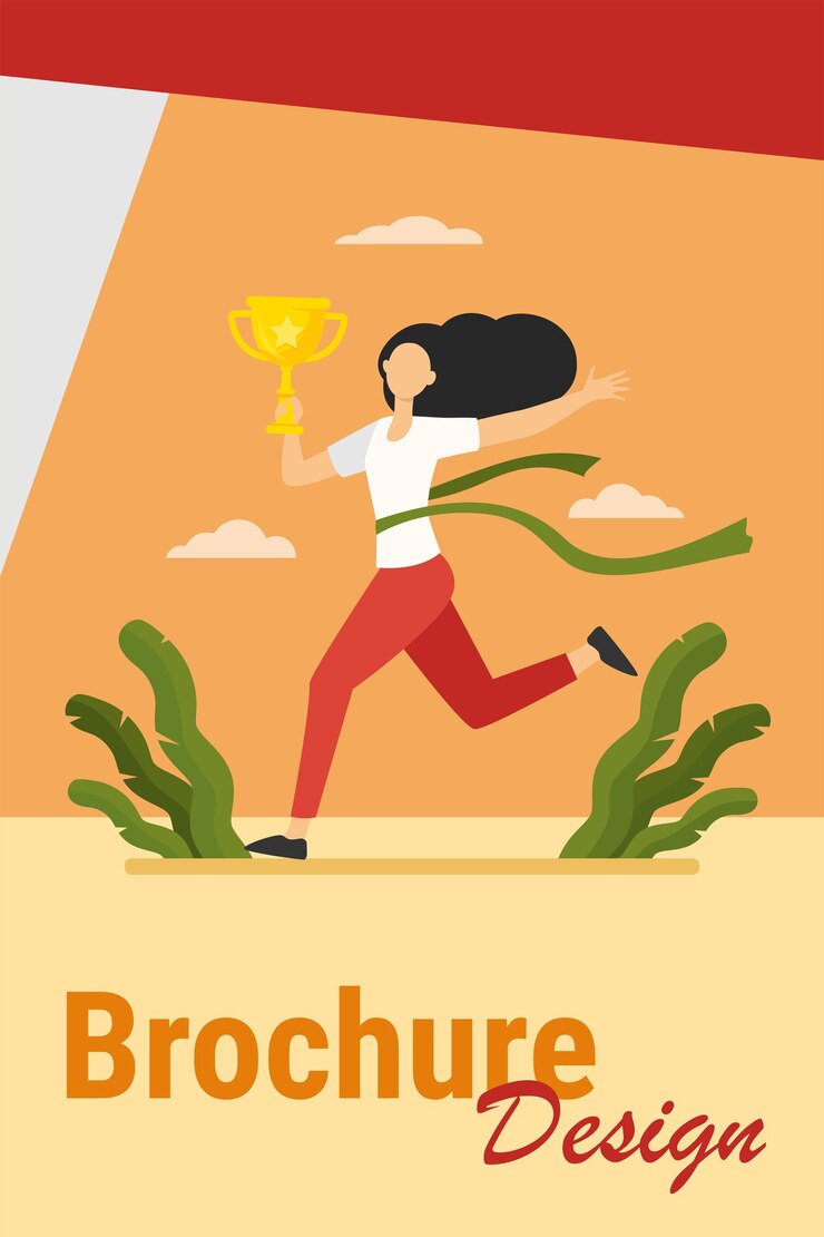 Vetor grátis mulher correndo, ganhando corridas. líder da maratona segurando a taça, cruzando a linha com a ilustração vetorial plana de fita vermelha. competição, prêmio, conceito de troféu
