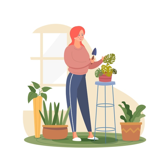 Mulher cuidando de sua planta monstera