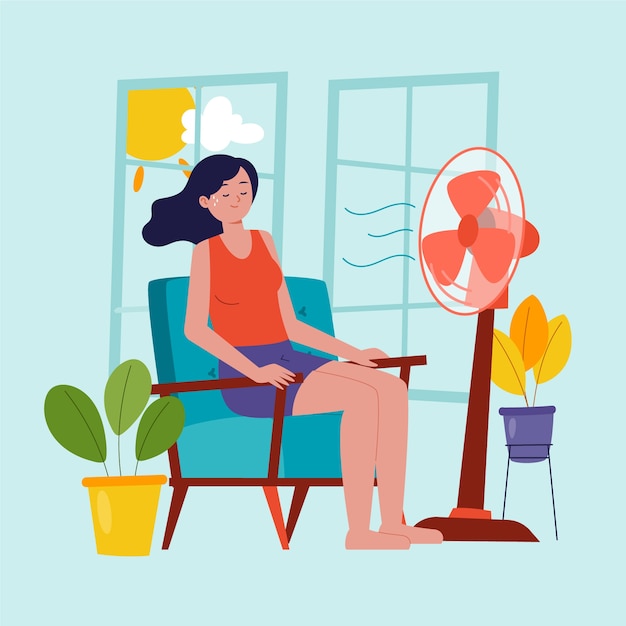 Vetor grátis mulher de calor de verão desenhada à mão com fundo de ventilador