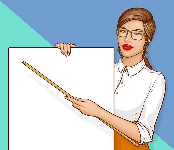 Vetor grátis mulher de professor vestindo óculos e camisa branca, segurando o ponteiro e cartaz em branco, ilustração em vetor retrô quadrinhos