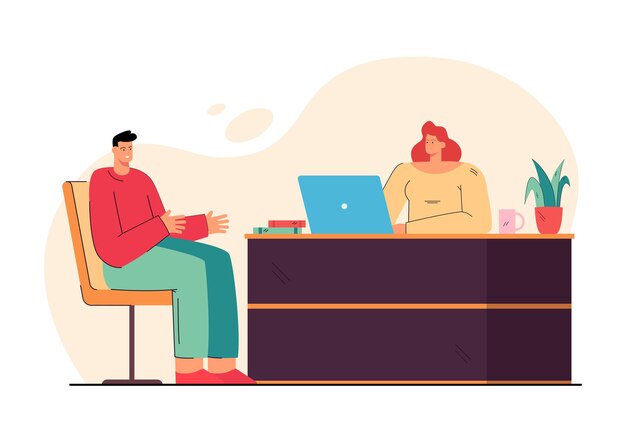 Mulher de RH e homem candidato a emprego, encontrando-se para entrevista, falando no escritório. Ilustração de desenho animado