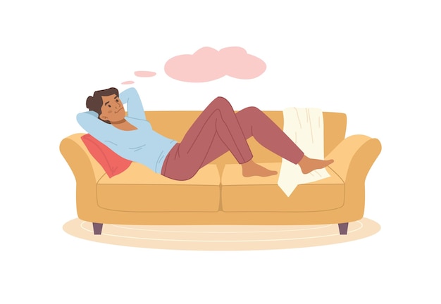 Mulher deitada no sofá e sonhando com personagem de desenho animado