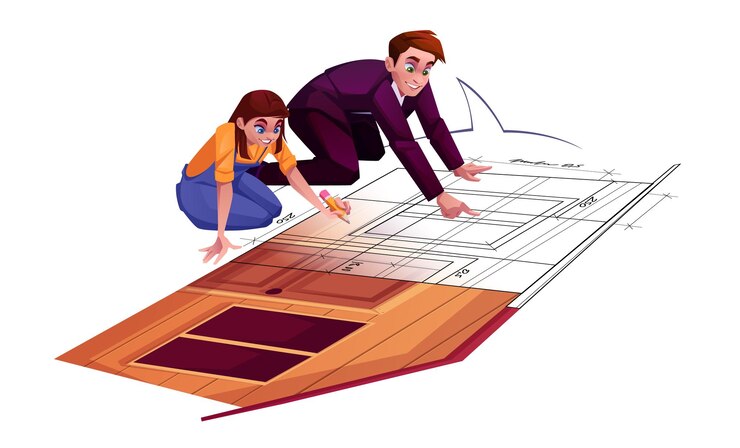 Vetor grátis mulher desenha projeto de esboço de casa para mostrar ao cliente homem