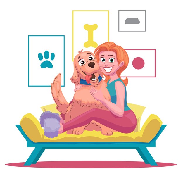 Mulher desenho animado com cachorro fofo