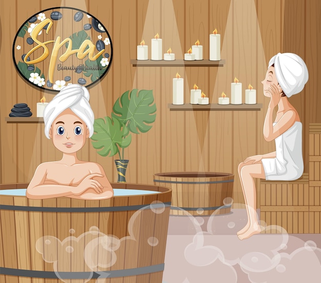 Mulher desfrutando de spa de banheira de hidromassagem na sauna a vapor