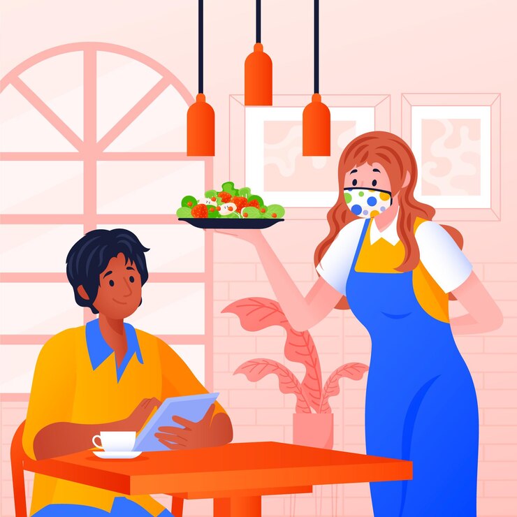 Vetor grátis mulher, desgastar, tecido, máscara, servindo alimento