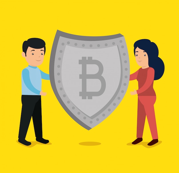 Mulher e homem com escudo de moeda bitcoin