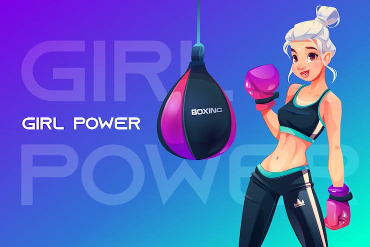Vetor grátis mulher em luvas de boxe, posando no saco de pancadas