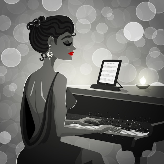 Mulher, em, piano, ilustração