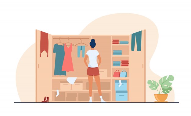Mulher escolhendo vestido de ilustração plana de guarda-roupa