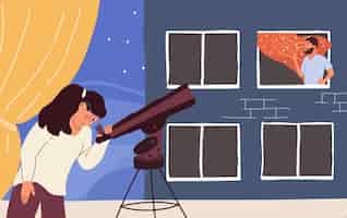 Vetor grátis mulher espiando o vizinho na ilustração vetorial plana do telescópio