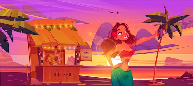 Vetor grátis mulher fazendo selfie em frente a um bar tiki cabana com o barman na praia do havaí