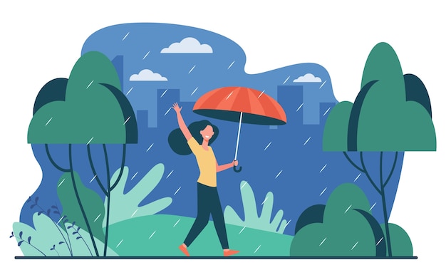 Mulher feliz andando em um dia chuvoso com ilustração vetorial plana de guarda-chuva isolada. personagem de desenho animado feminino sendo ao ar livre e chuva de outono. conceito de paisagem e clima