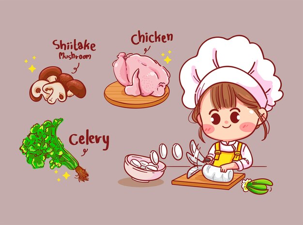 Vetor grátis mulher feliz cute chef cozinhar comida na cozinha. ilustração da arte dos desenhos animados