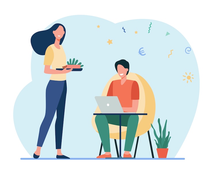Vetor grátis mulher feliz preparando comida para o homem que trabalha em casa. laptop, computador, ilustração em vetor plana de investimento. freelance e família