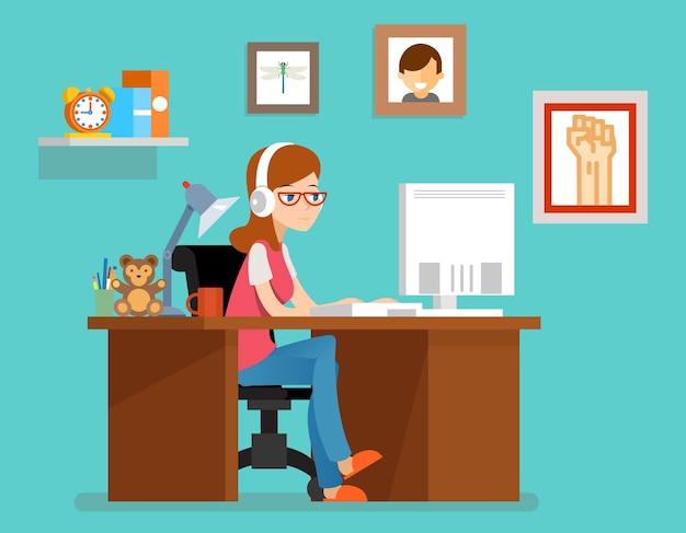 Mulher freelance trabalhando em casa com o computador. em estilo simples. freelance home, freelancer designer ou programador, freelance de espaço de trabalho